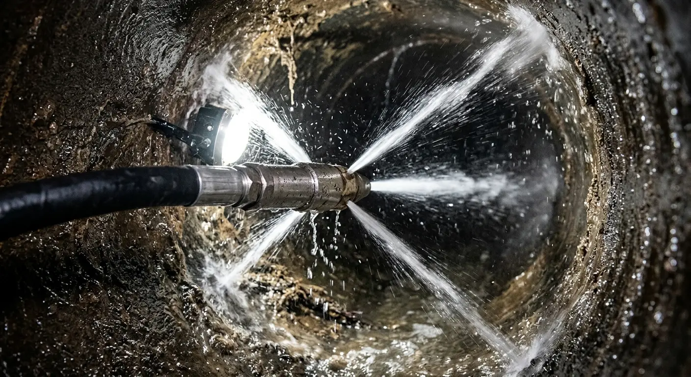 High-pressure hydro jetting nozzle cleaning sewer pipe for Sewer Cleanout in Ocoee