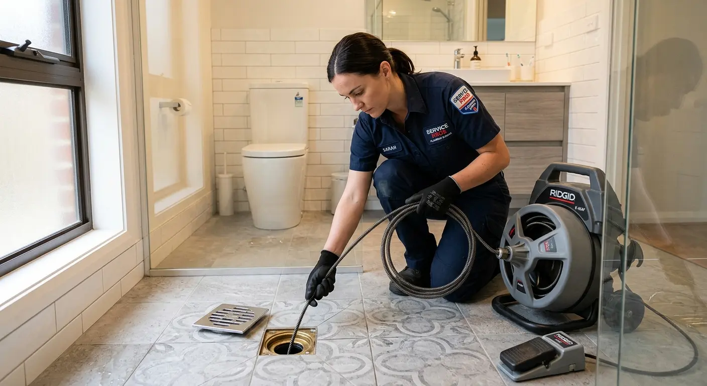 Technician clearing a bathroom floor drain for Drain Cleaning in Ocoee
